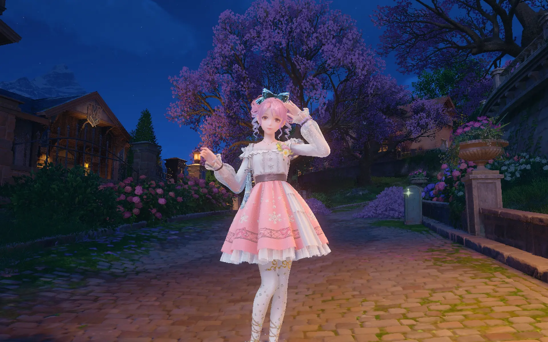 A screenshot of Nikki in a pink and white frock