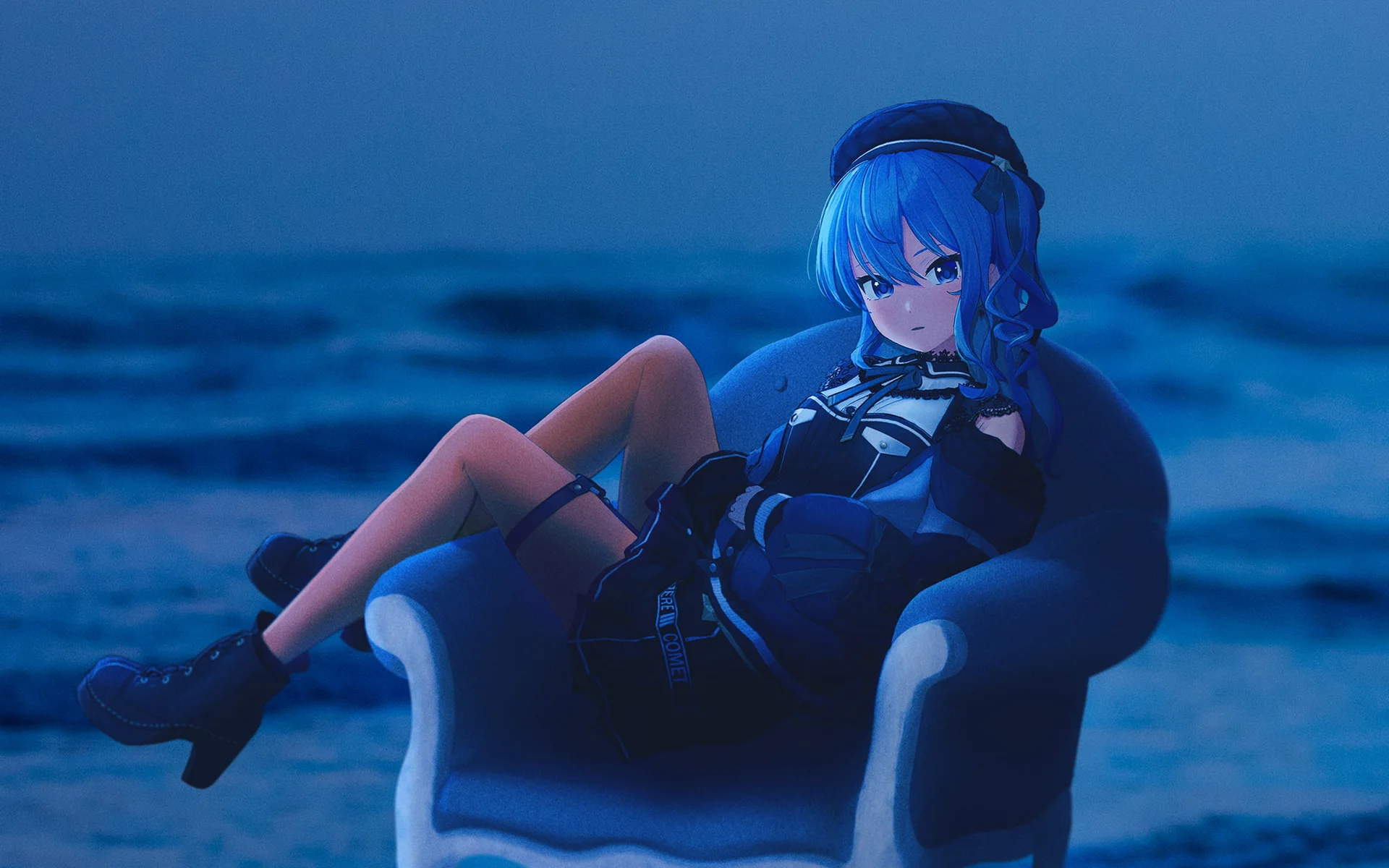 suisei on a chair on the beach